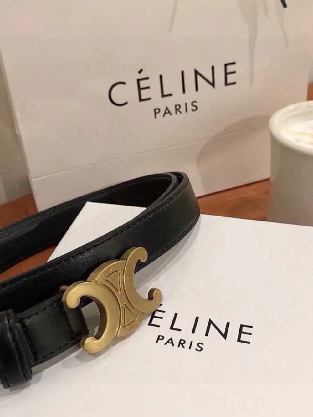 Black Leather Belt with Gold Triomphe Buckle